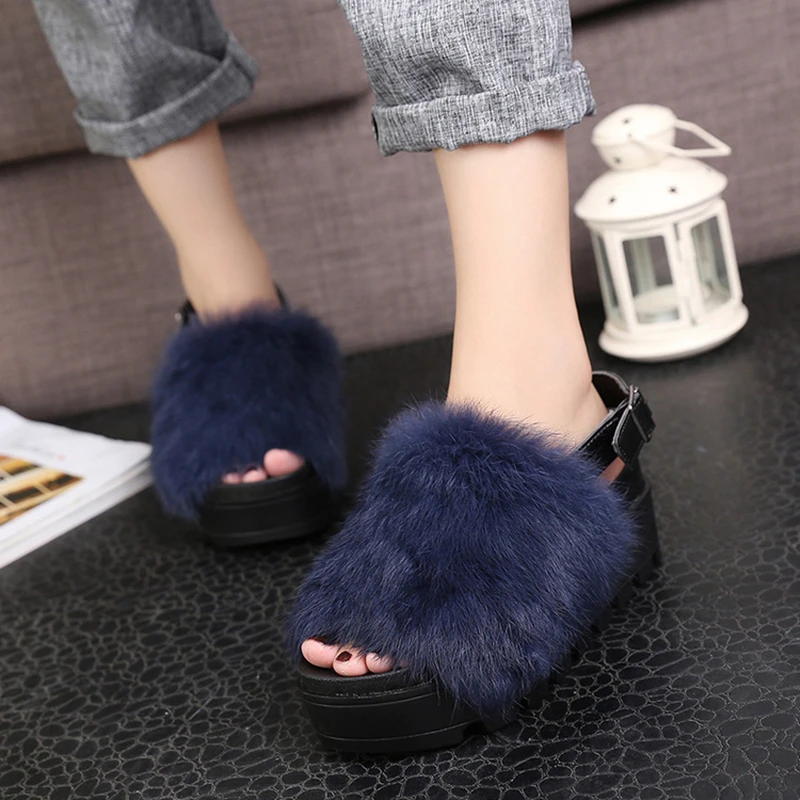 

Winter Autumn Outside Fur Creepers Casual Slippers Platform Shoes Woman Slip On Slides Female Fashion Soft Flats Sandals Size 8