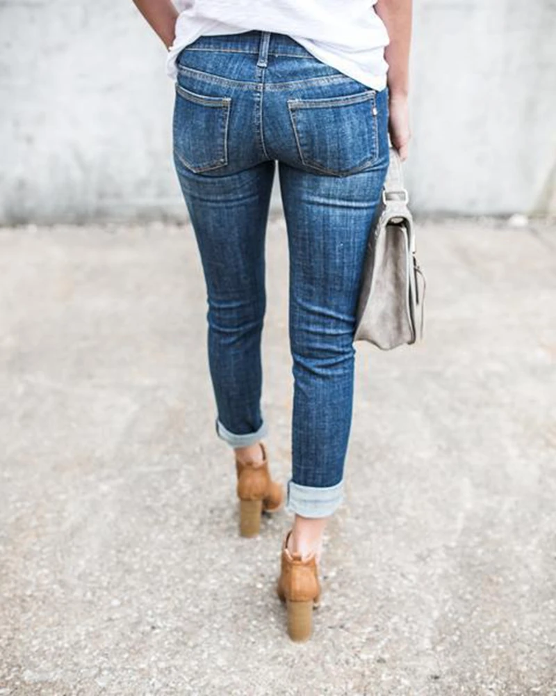 Повседневные длинные женские джинсы с высокой талией, Узкие синие джинсовые штаны, женские рваные винтажные узкие джинсы для мам
