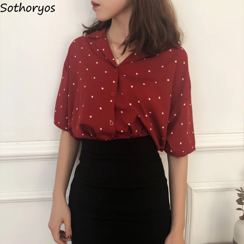 En Ligne Chemises femmes en mousseline de soie à manches longues Simple boutonnage à pois cranté femmes lâche rétro à la mode chemise Style coréen Blouses simples