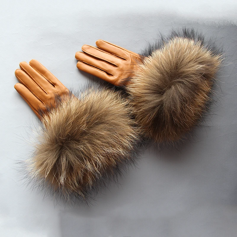 Lg0004 перчатки из натурального меха енота кожаные женские перчатки большой мех енота овчины перчатки из натуральной кожи женские