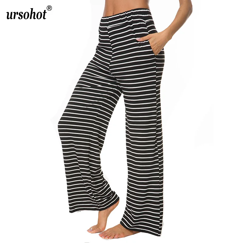 

Ursohot Striped Print Wide Leg Pants Women Oversize Loose Trousers 2019 Summer High Waist Pocket Pant Daily Cotton Black Pants