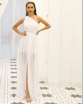 

Whtie One Shoulder Long Dress Top Quality Sexy Sleeveless High Slit Night CLub Women Party Dress