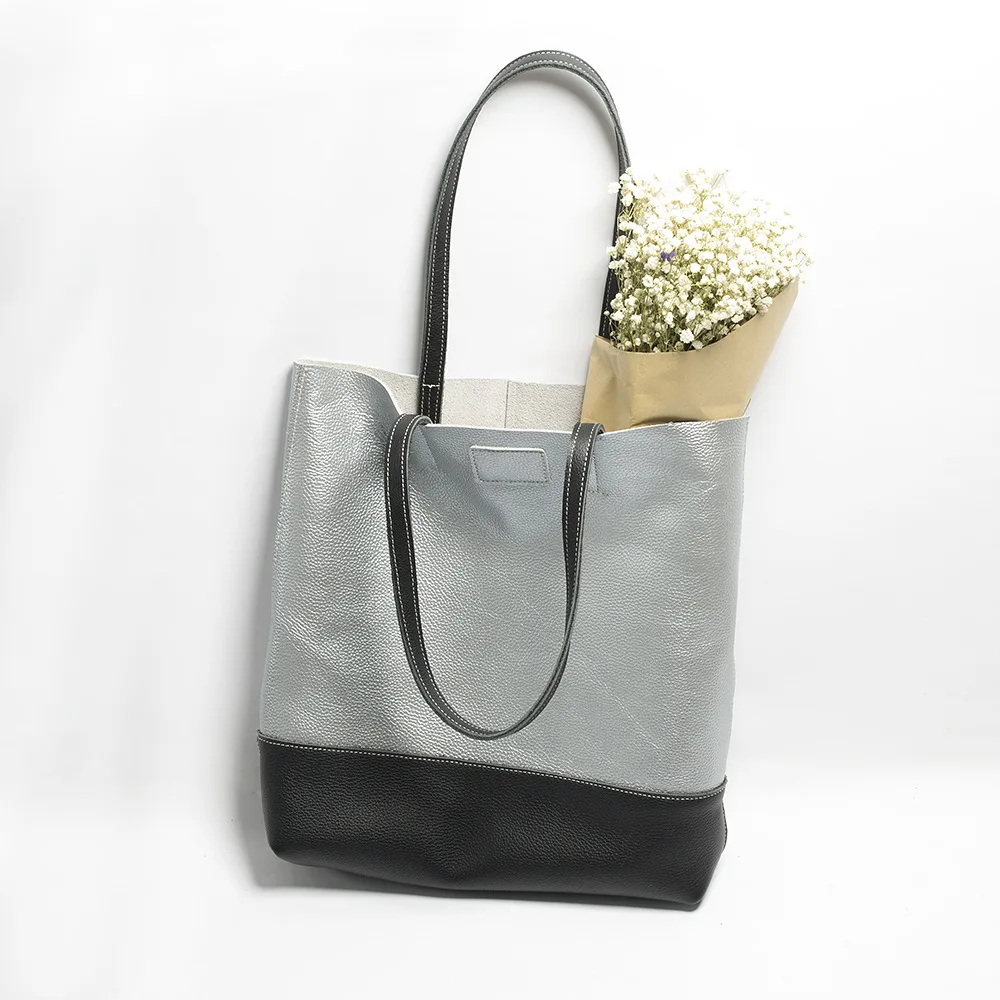 PASTE Women Genuine Leather Tote Bag Panelled Lady Real Leather Tote Girl Leather Hand Bag Spell Color Bucket Bag Luxury Handbag