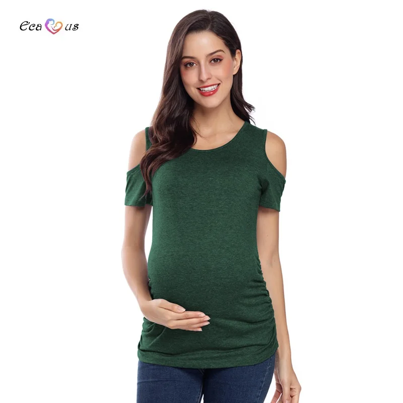 Ecavus Женская одежда для беременных с открытыми плечами и коротким рукавом, с глубоким вырезом, с рюшами, Футболка для беременных, Одежда для беременных, топы для беременных