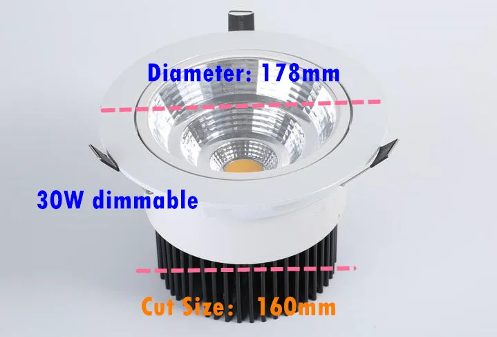 Светодиодный точечный светильник 30 Вт с регулируемой яркостью светодиодный COB Потолочный светильник AC85-265V Светодиодный точечный встраиваемый светильник белый дом