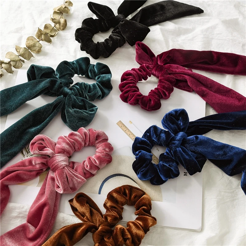 

Solid Velvet Streamer Hair Rope For Women Bow scrunchies Elastic Hair Band Cute Ponytail Holder Hair Styling Accessories Girls