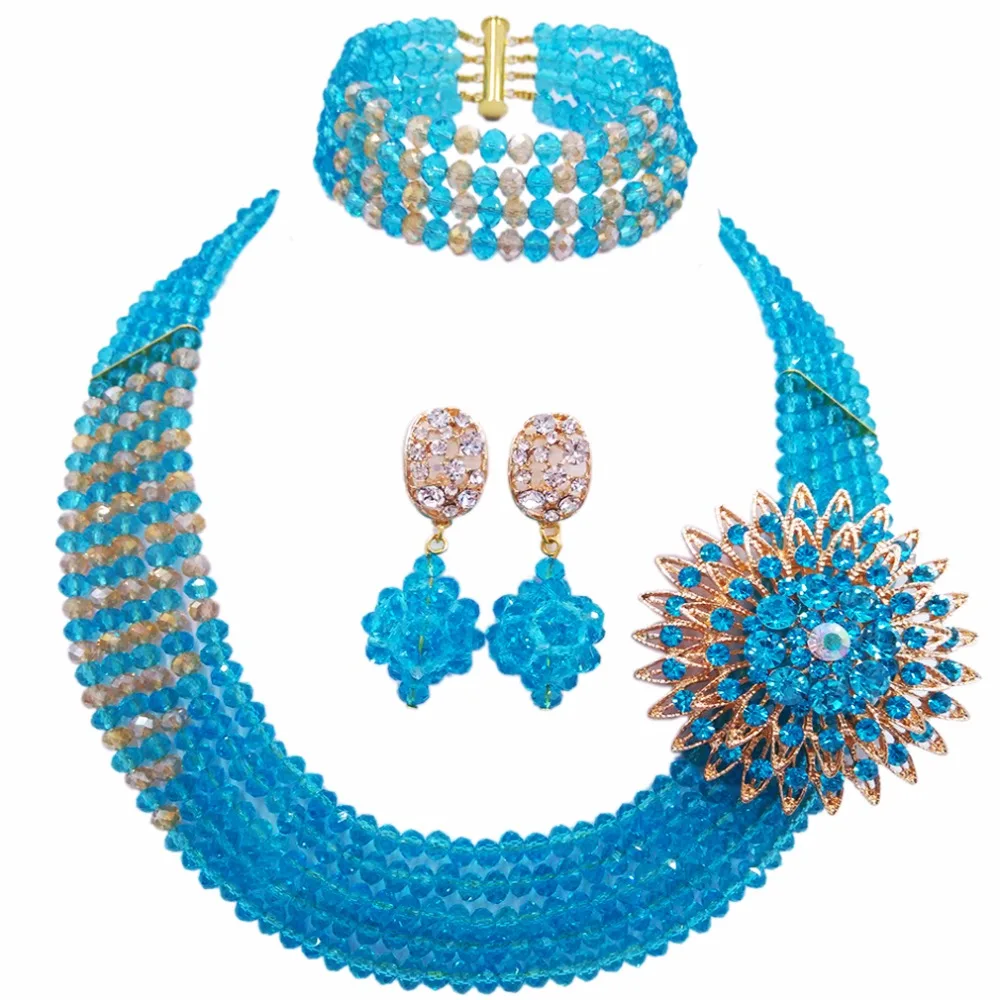 

Fashion Sea Blue Gold Multi Strands Statement Necklace Nigerian Wedding African Beads Jewelry Set Crystal 5JZ09