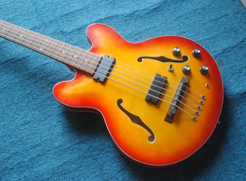 Hollow Body 5 string electric BASS guitar Guitarra cherryburst color