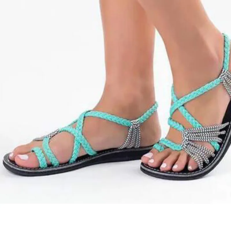 

New product explosions large size rope knot ladies sandals 2018 summer Europe beach toe flat sandals women's shoes