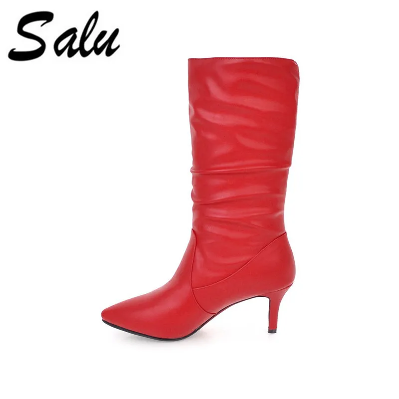 

Salu high quality pu leather shoes woman pointed toe mid-calf boots women autumn high heels ladies boots