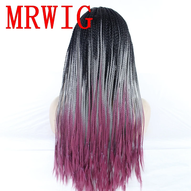 MRWIG Ombre серый/фиолетовый 26in часть плетеный ящик косы парик Синтетический бесклеевой передний парик Детские волосы термостойкие волокна