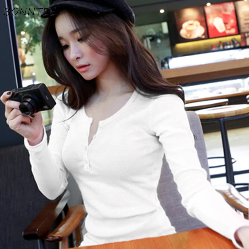 T-shirts Women Solid V-Neck Slim Elegant Korean T Shirt Trendy Simple Long Sleeve Casual Womens Tops Ladies Cute All-match Daily T-shirts Women Solid V-Neck Slim Elegant Korean T Shirt Trendy Simple Long Sleeve Casual Womens Tops Ladies Cute All-match Daily