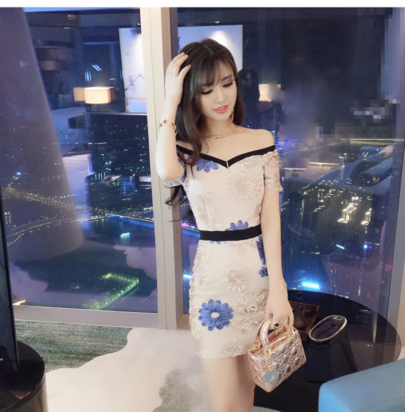 2018 Summer women dress 2018 sexy sheath embroidered show thin led off-the-shoulder above Knee mini dress package hip dress