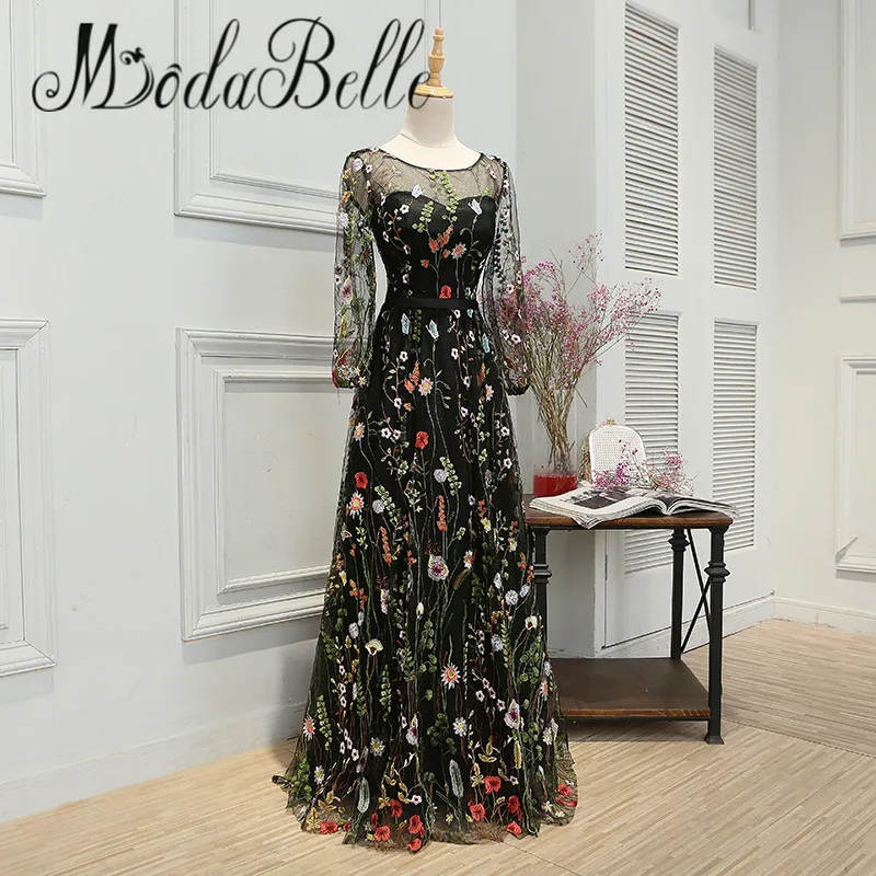 modabelle Embroidery Black Evening Dress Flowers Long Sleeve Special