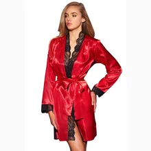 Г. Новые пикантные Для женщин черный, красный кружевной отделкой атласная Халат мини платье Для женщин sleek белье Кардиган пояса Ночная рубашка женское пижамы