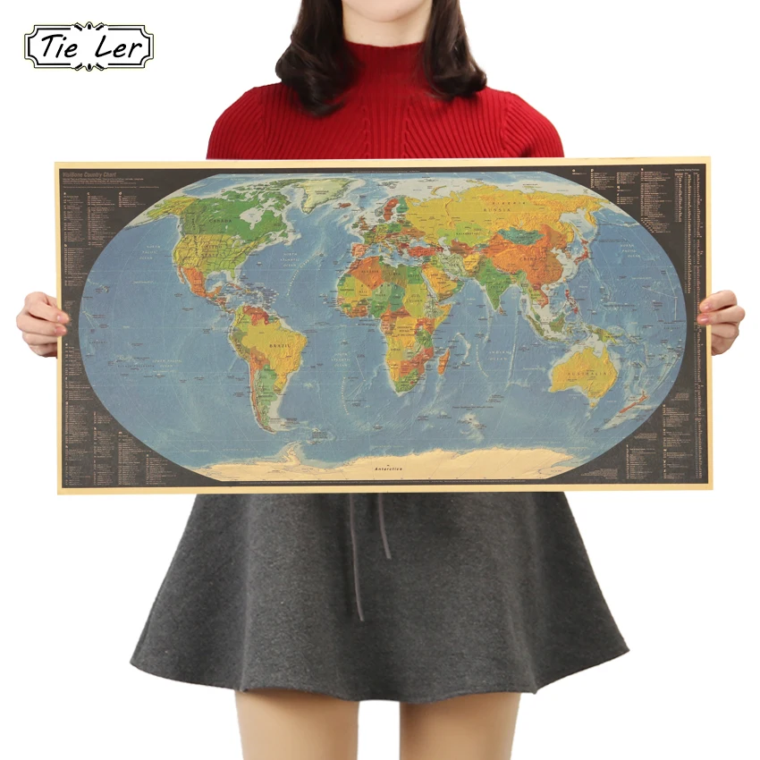 

TIE LER Color Version of World Map Posters Kraft Paper Cafe Bar Poster Retro Poster Wall Sticker 72X36.5cm