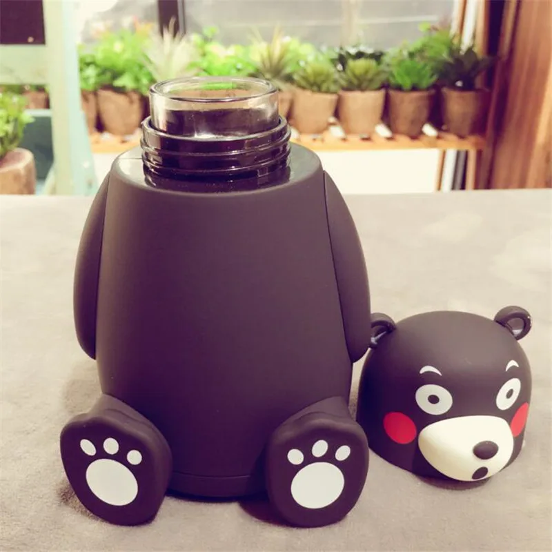 Kopen HOMETREE Nieuwe 320ml Leuke Cartoon Glas Thermos Cup Zwarte Beer Mooie Roestvrijstalen Mok Draagbare Reizen Student Kind Cups h376