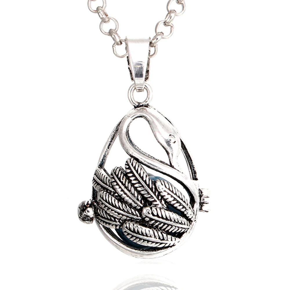 

1PC Antiqued Silver Swan Waterdrop Copper Open Locket Essential Oil Diffuser Pendant Necklace Aroma Necklace with Lava Rock