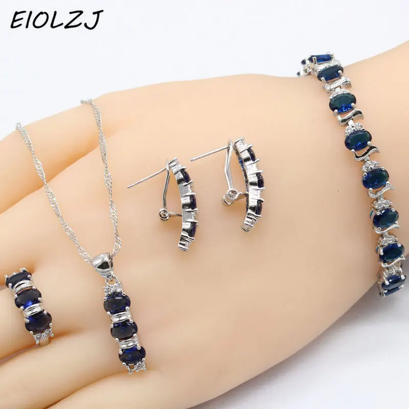 

925 Silver Jewelry Sets For Women Sterling Silver Necklace Sets For Bride Inset Dark Blue Zircon Pendant Ring Earrings Bracelet