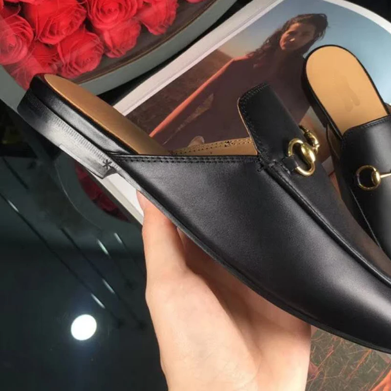 

Luxury Brand Genuine Leather Flat Slippers High Quality Fashion Women Shoes Designers Summer Slippers Women Mules Shoes