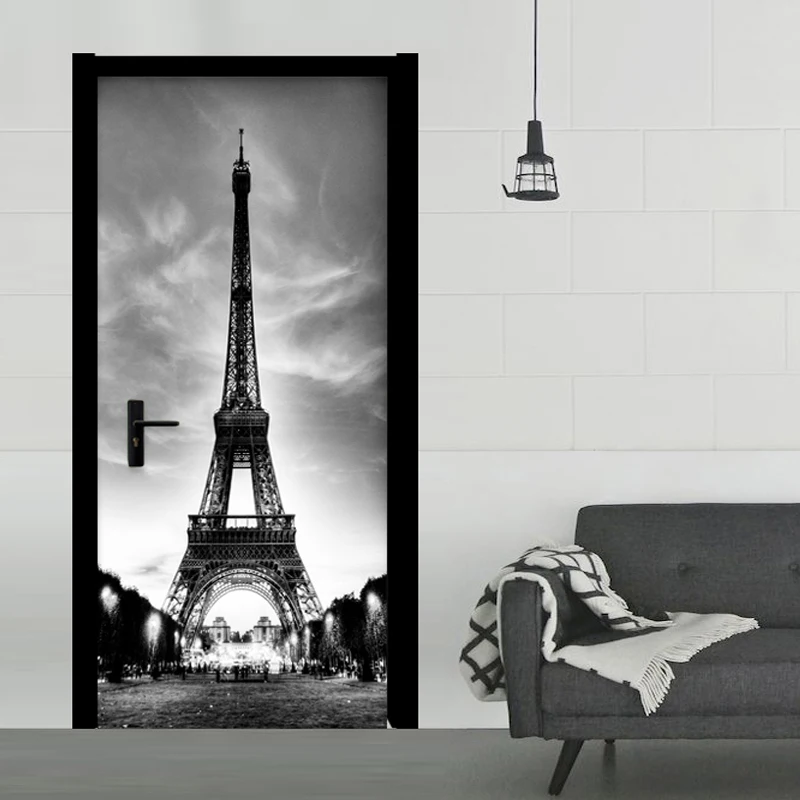 Черная и белая железная башня, наклейка на дверь, Современная креативная гостиная, ресторан, 3D Наклейка на стену, ПВХ, водонепроницаемые обои, 3D декор