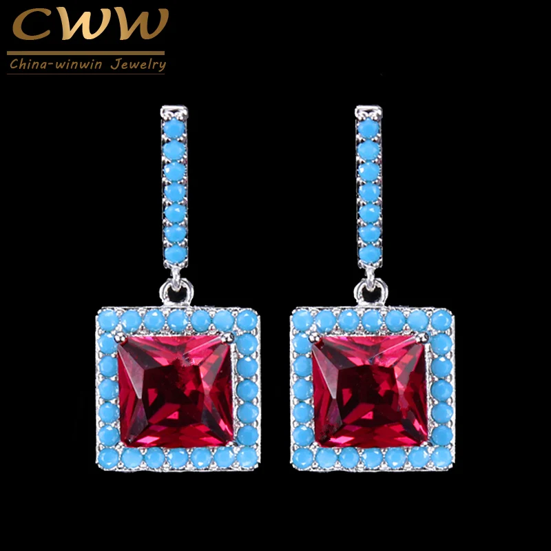 

CWWZircons 2019 New Fashion Turkish Light Blue And Red CZ Crystal Elegant Square Drop Dangle Earrings for Women CZ119