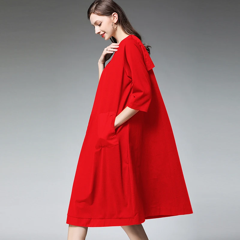 

2019 spring summer women A-line loose dresses plus size O neck half sleeves pockets patchwork casual lady's dress black red