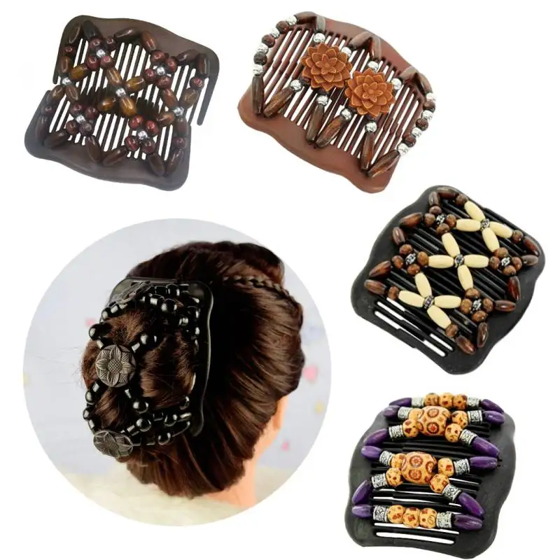 Retro Double Beaded Hair Magic Comb Clip Beads Elasticity Hairpin