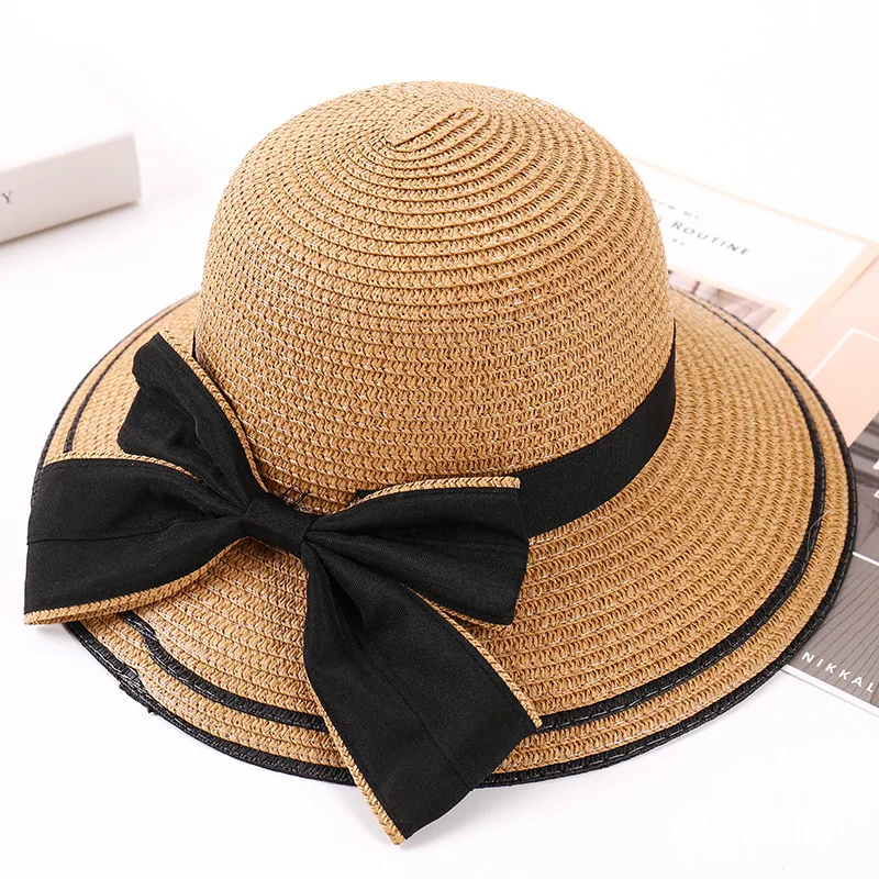 

Female Summer Outdoor Holiday with Korean Edition Big Rim Hat Sunscreen Shade Straw Hat with Butterfly Knot Folding Beach Hat
