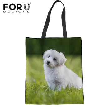 

FORUDESIGNS Mom Cute Animal Summer Beach Bags Bichon Frise Pattern Green Linen Tote Shoulder Bag for Women Eco Shopping Handbags