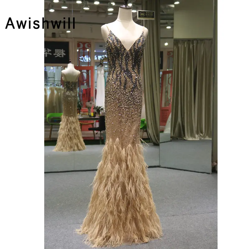 

Luxury Beading Mermaid Evening Dress Mermaid V-Neck Elegant Evening Gown With Feathers Floor Length Dubai Prom Gown Real Photo