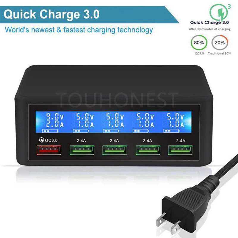 50W Quick QC 3.0 Charge 5 Port Smart LCD USB Charger Adapter Station