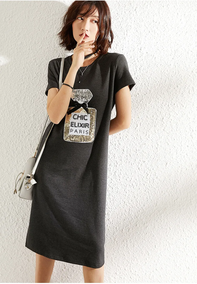 

Chic Bling Bling Sequin T Shirt Dress Midi Cotton Casual Black Dresses Summer Grey Sukienka Short Sleeve Perfume Bottle za jurk