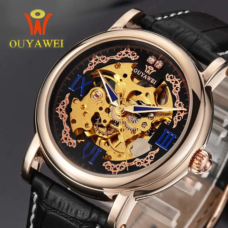 OUYAWEI Royal Diamond Design Black Gold Watch Montre Homme Mens Watches Top Brand Luxury Relogio Male