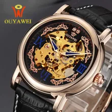 OUYAWEI Royal Diamond Design Black Gold Watch Montre Homme Mens Watches Top Brand Luxury Relogio Male Skeleton Mechanical Watch