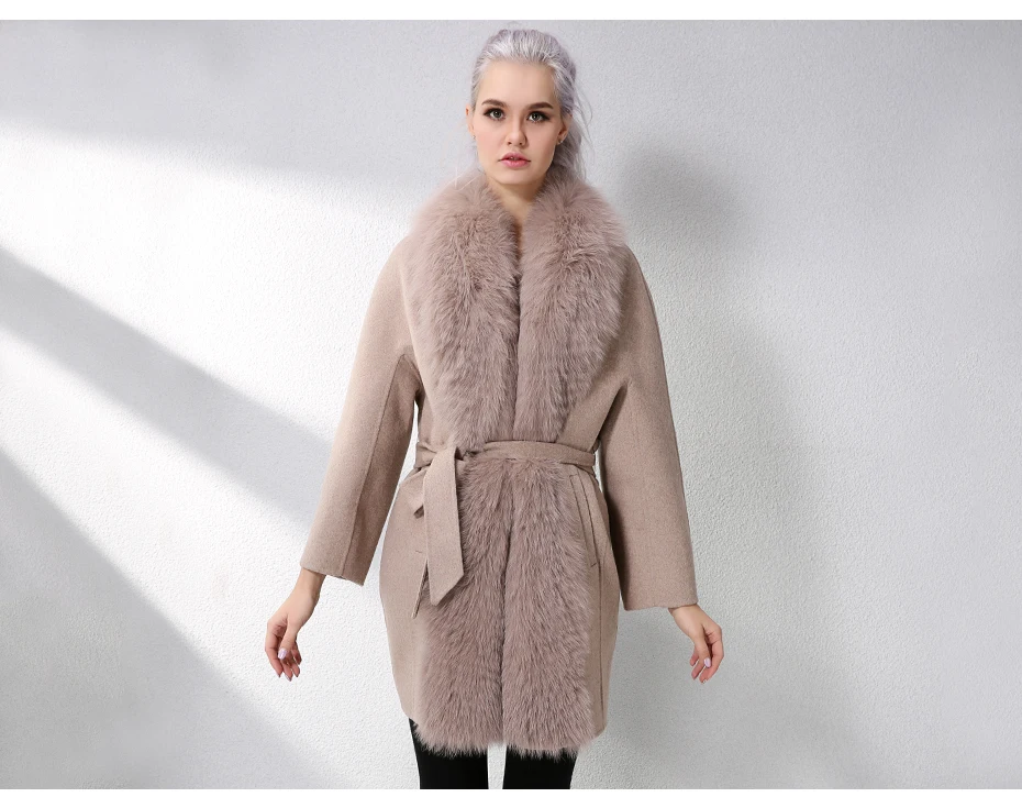 JELUDA Hot Sale Cashmere Coat Women Scarf Collar With Natural Real Fox Fur Real Fur Coat Genuine Leather Jacket Women Overcoat