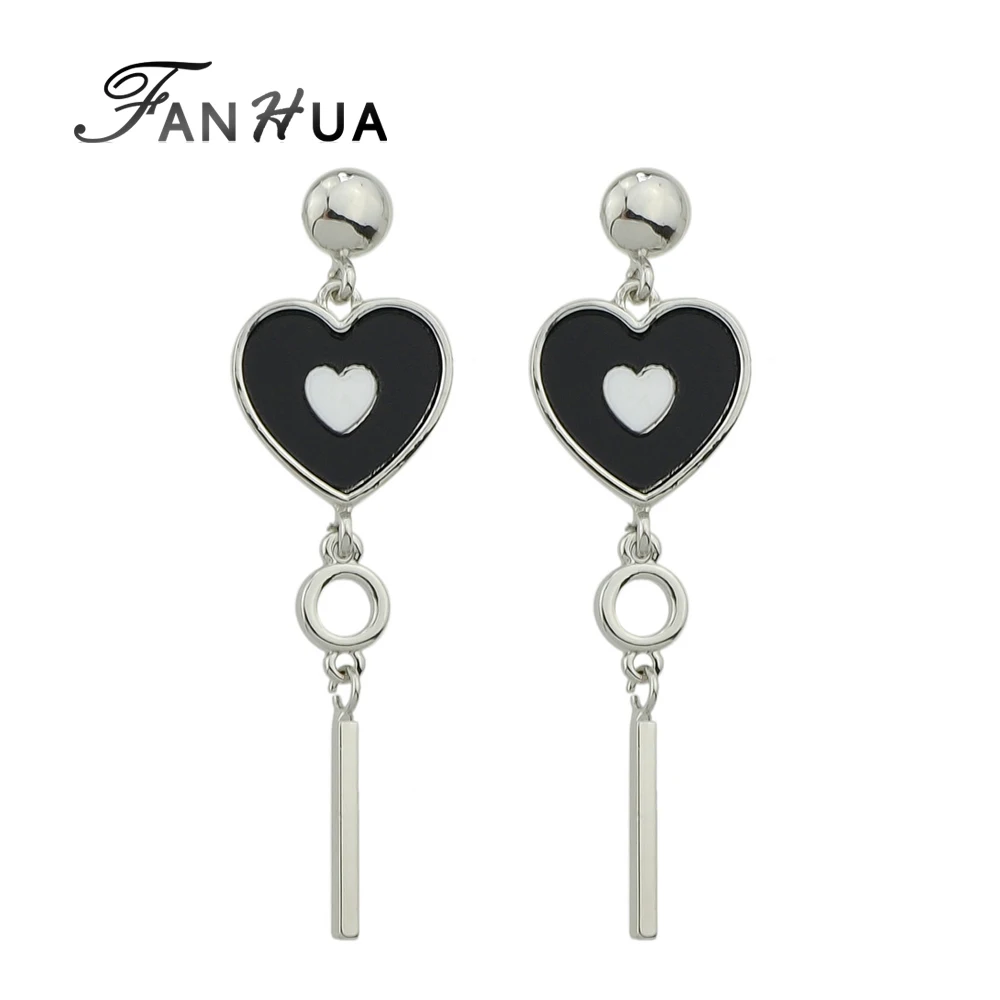 Fanhua Boho Серьги Jewelry Bijoux серебро Цвет цепи с черной эмалью Цветочное сердце