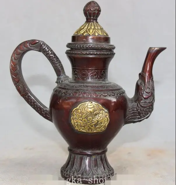 

8" Old Tibet Dynasty Bronze Gild 8 Auspicious Symbol Water Wine Tea Pot Flagon