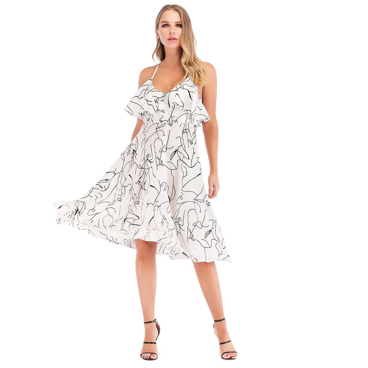 

2019 summer foreign trade sling ruffled waist waist large swing ladies sexy dress skirt midi dress