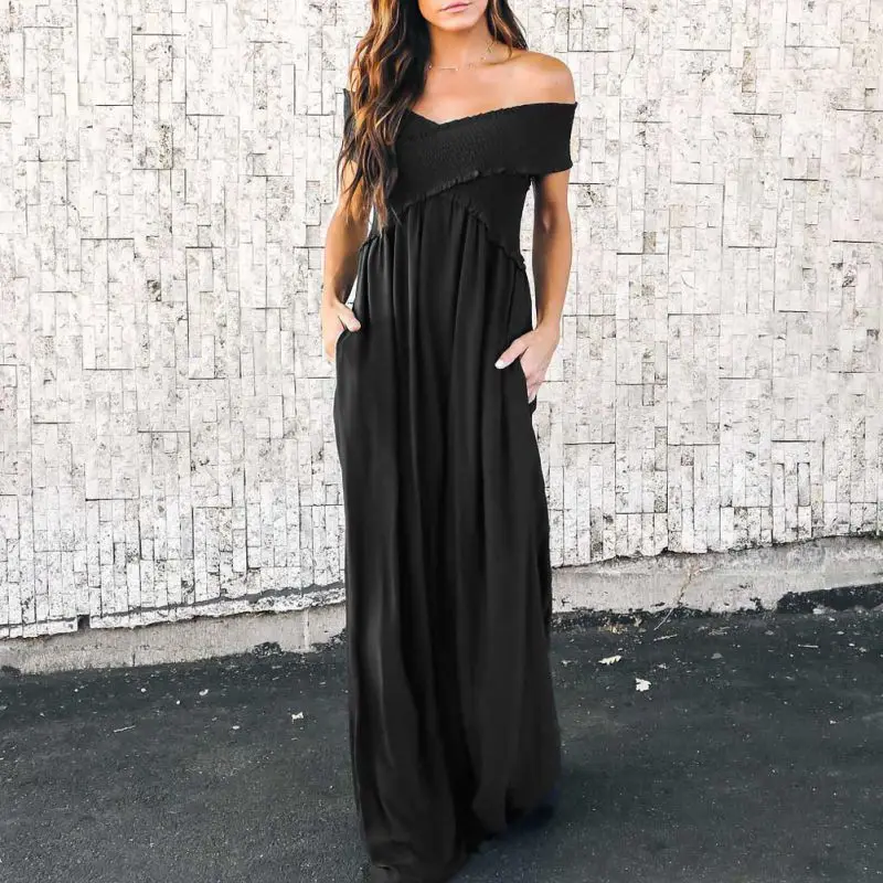 

New Women Elegant Bodycon Dress Sexy Off Shoulder Wrinkle Solid Color Wrapped Chest Maxi Dress Party Dresses Female Vestido