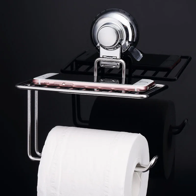 

Sucker Toilet Paper Holder With Storage Shelf Suction Cup Toilet Paper Holder Paper Towel Holder With Shelf Bathroom Accessories