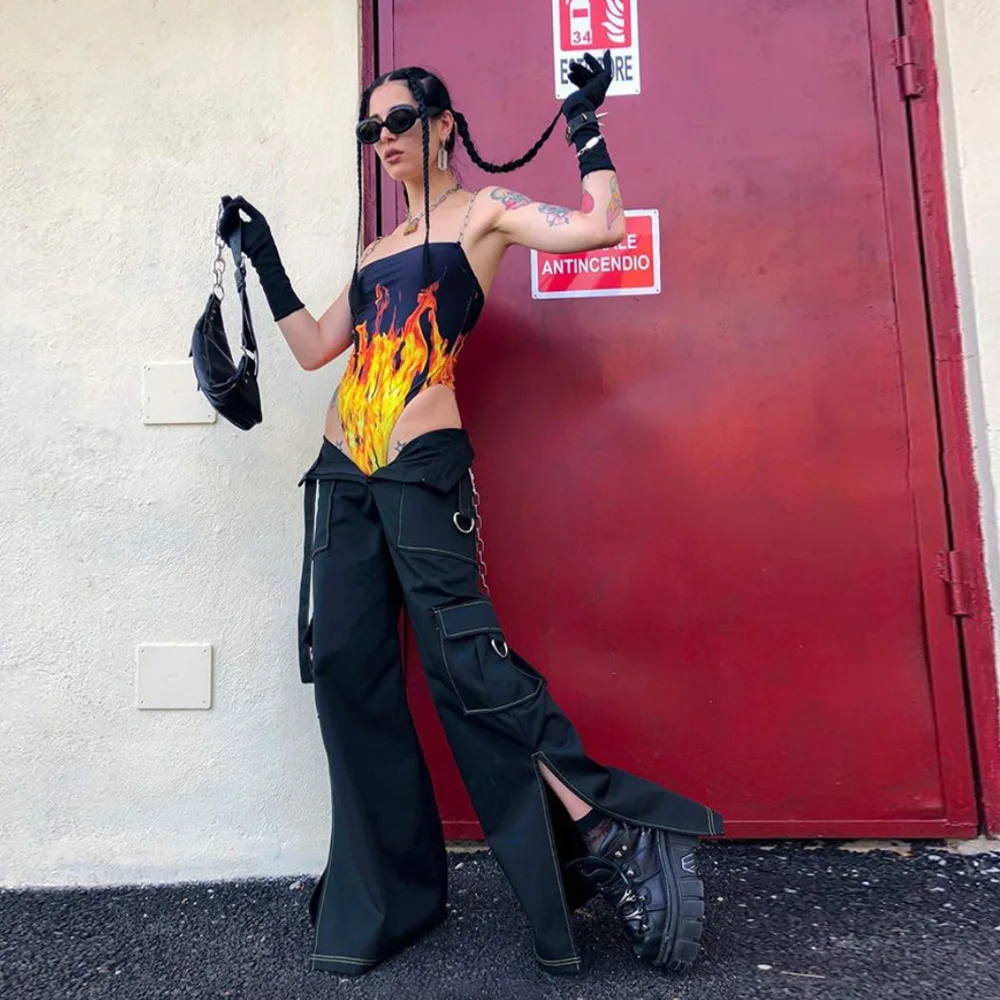 BOOFEENAA металлический ремешок на цепочке с принтом пламени боди уличная футболка женская комбинация Сексуальная Клубная одежда комбинезон