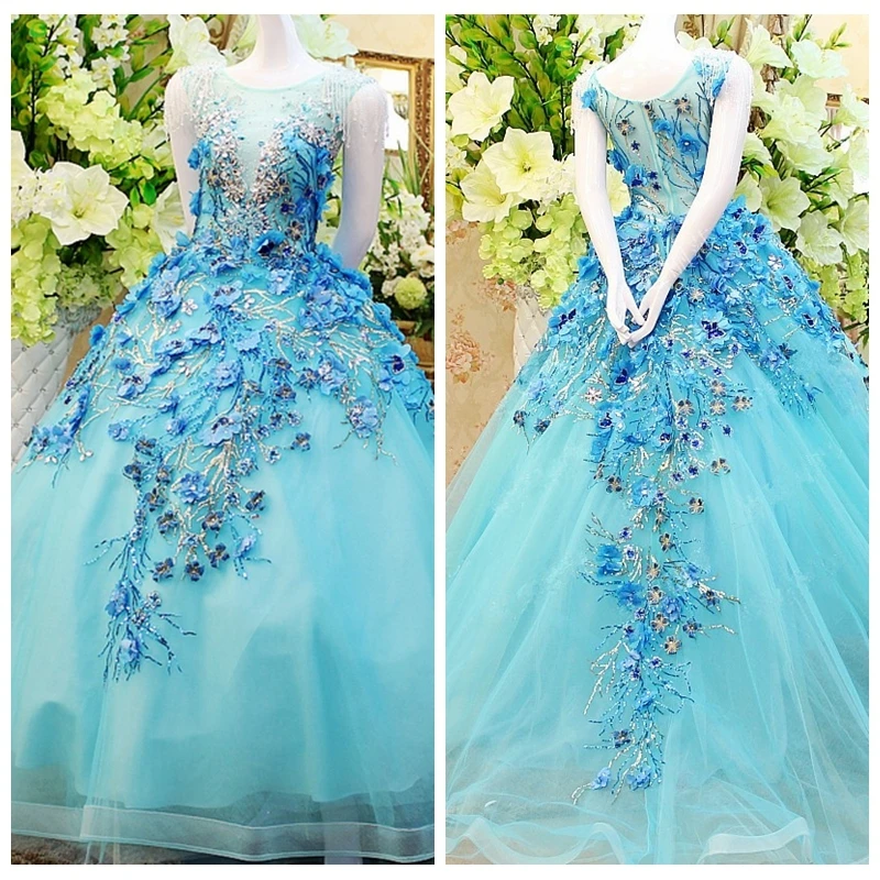Cap Sleeve Scalloped Neckline Ice Blue Ball Gown Beach