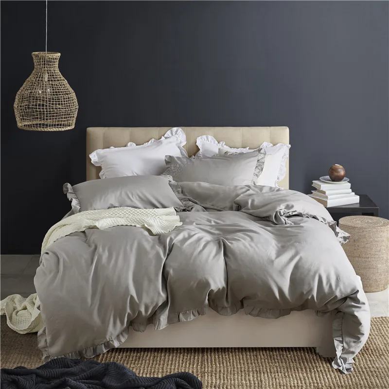 

3pcs Gray Polyester Duvet Cover Bedding Set for Home US Size Queen King Solid Yarn Dyed Pillow Case Breathable Home Textile