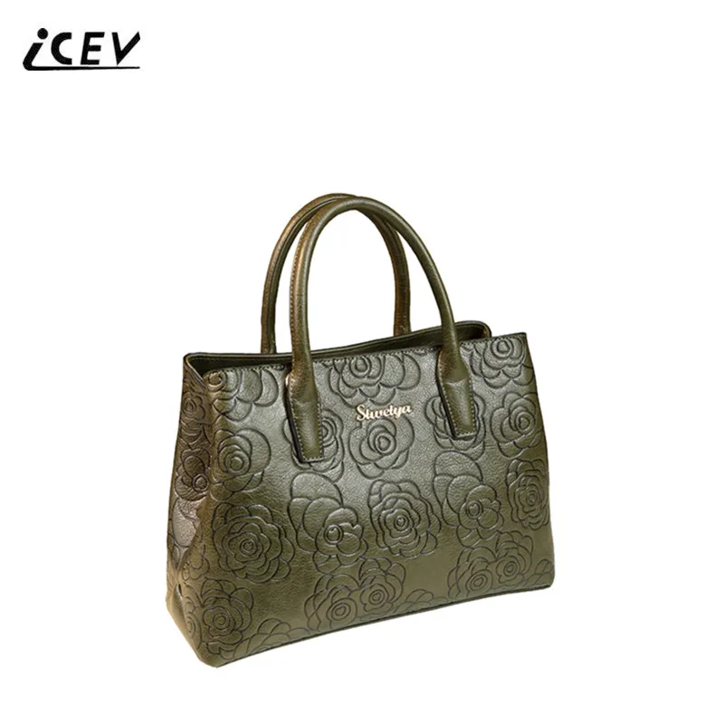 ICEV New European Fashion Simple Embossed Flower Bags Handbags Women Famous Brands Cow Split ...