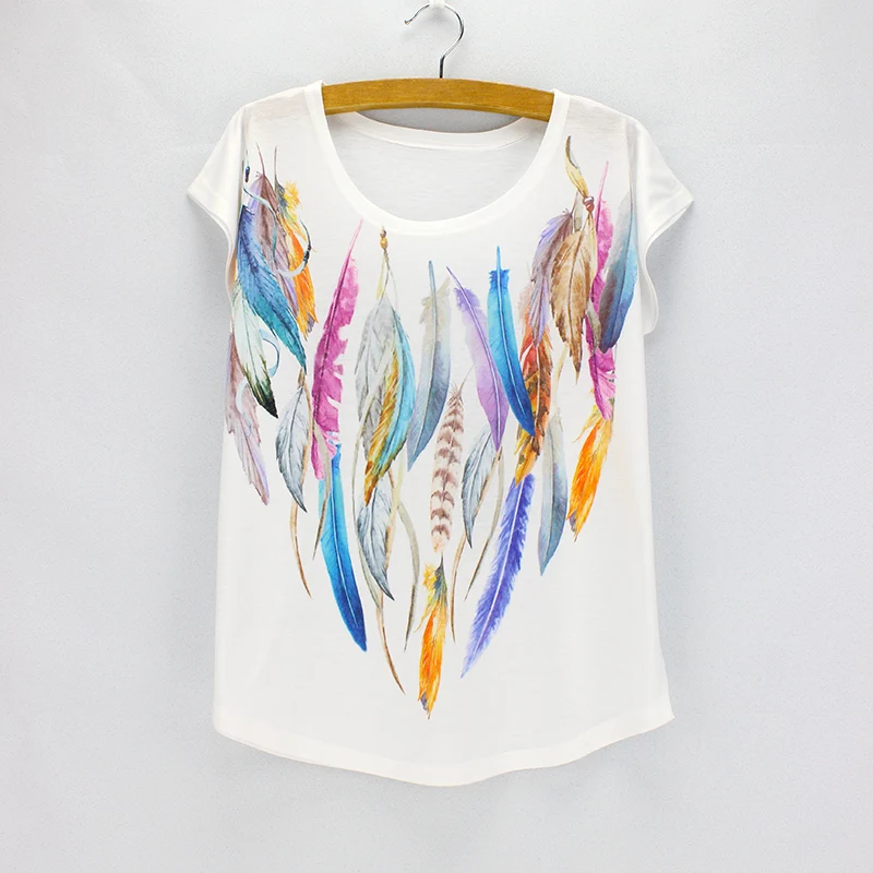 

Fashion Colorful Feather printing t shirt women 2016 new American & European Vogue design girls top tees wholesale