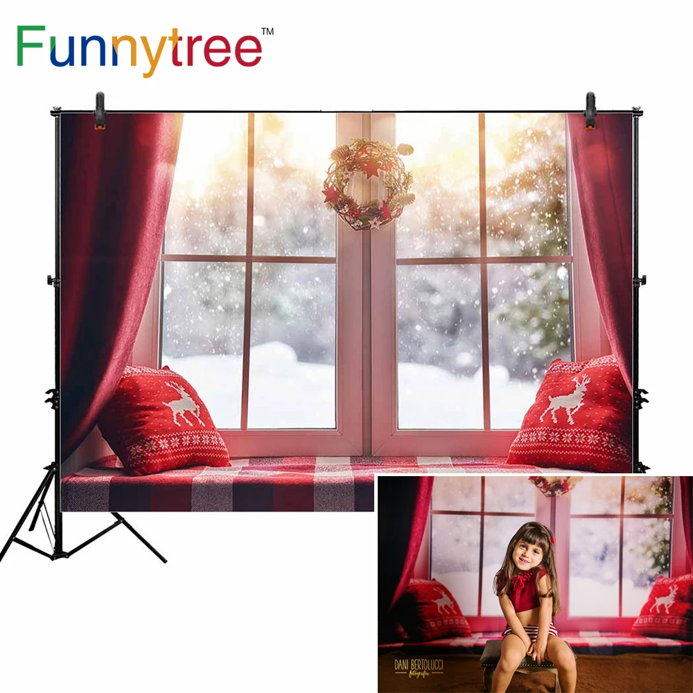 

Funnytree backdground backrest red tablecloth curtain latice window wreath christmas backdrops printing studio photo backgrounds