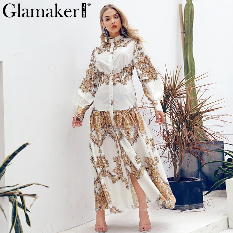 Glamaker, Белое Женское Платье с принтом пейсли, сексуальное, бохо, макси, элегантное, винтажное платье, Ретро стиль, с разрезом, с длинным рукавом, осеннее платье, халат festa