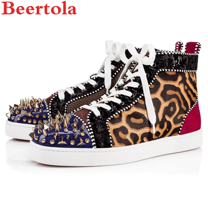 

Beertola Italian Style Men Shoes Mixed-colors Flats Bottom Horsehair Leopard Patch Unisex Spikes Round Toe Casuals Shoes Man