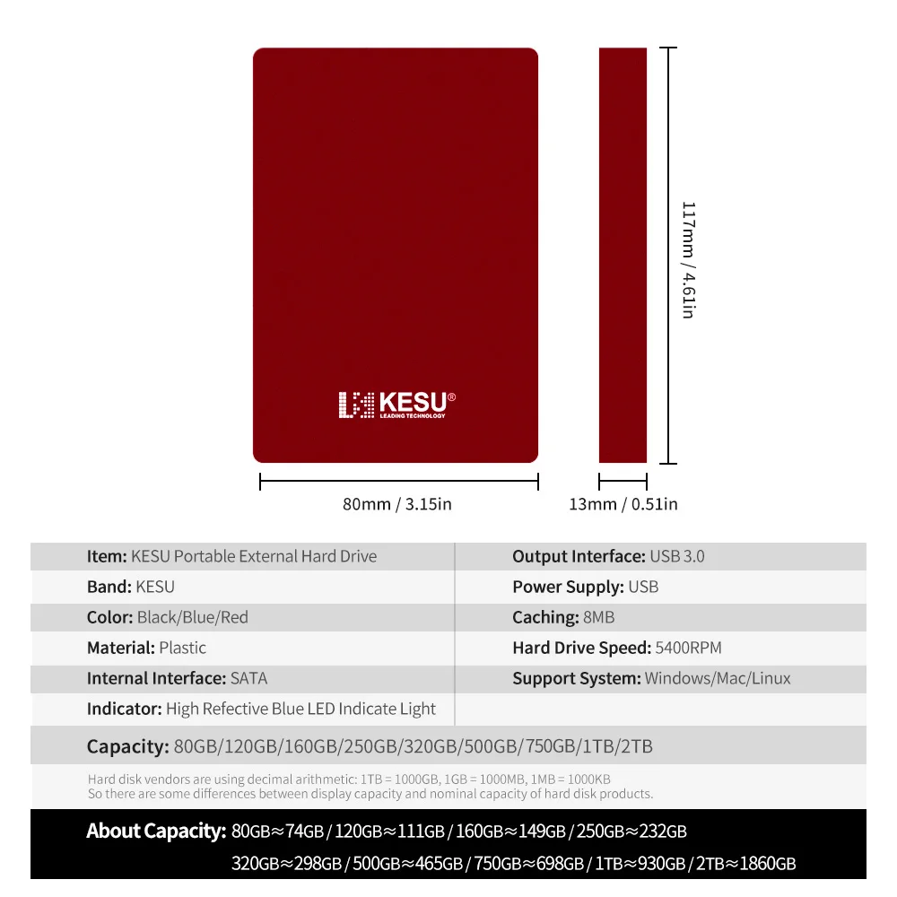 Красный цвет KESU 2," портативный внешний жесткий диск 120GB 160GB 250GB 320GB 500GB 1 ТБ 2 ТБ HDD, высокоскоростной USB3.0 для ноутбука/телевизора